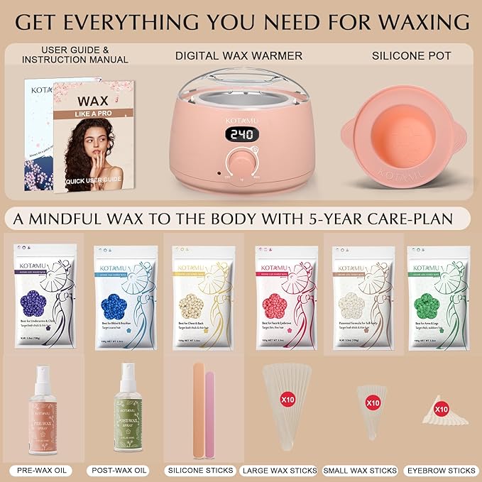 KOTAMU Wax Warmer, Waxing Kit for Women Men Hair Removal, Digital Waxing Machine for Face Eyebrow Bikini Brazilian Leg Body &Sensitive Skin, Pink Wax Kit With 44 Accessories for Home Salon Use-Velvo Beauty