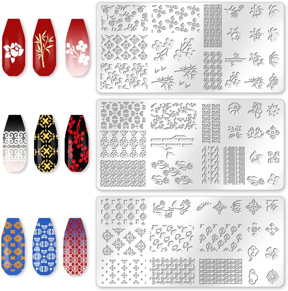 3Pcs Traditional Chinese Style Nail Stamping Plate Set Bamboo Floral Steel Nail Stamp Templates Clear Silicone Nails Stamping with Stamper Scraper for Manicure Printing-Velvo Beauty