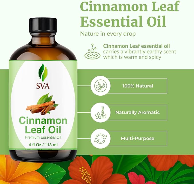 SVA Cinnamon Leaf Essential Oil – 4 Fl Oz – 100% Natural Cinnamon Oil - for Diffuser, Hair Care, Face, Skin Care, Aromatherapy, Scalp and Body Massage, Soap and Candle Making – with Dropper-Velvo Beauty