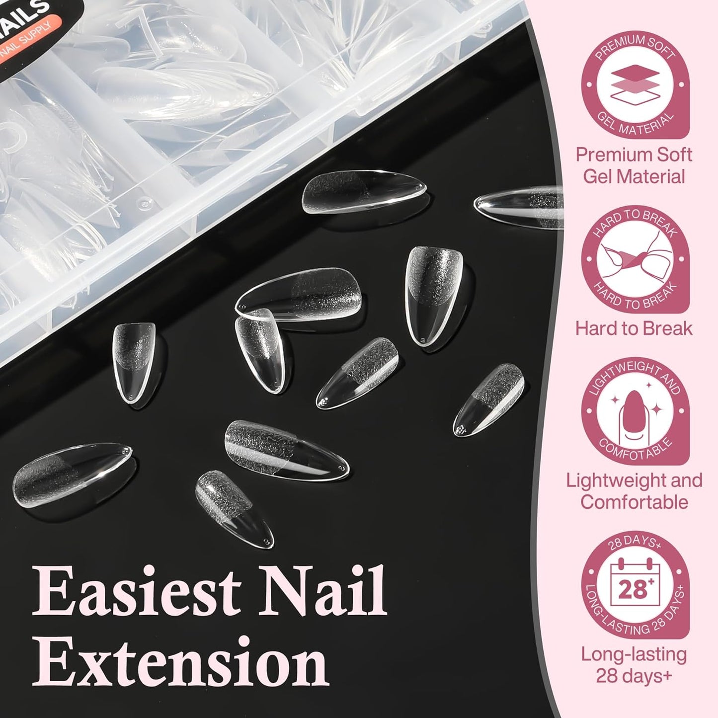 Medium Almond Nail Tips, 240pcs Soft Gel Pre-Filed Acrylic Almond Fake Nails, Half Matte Full Cover Clear Press on Flase Nail Tips for Nail Extension Home DIY 12 Sizes Gelly Tips-Velvo Beauty