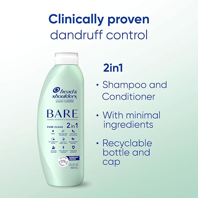 Head & Shoulders BARE 2-in-1 Dandruff Shampoo And Conditioner Twin Pack, Pure Clean, Sulfate-Free, Silicone-Free, Dye-Free, Eco-Friendly Bottles, Safe for All Hair Types, 13.5 Fl Oz Each (Set of 2)-Velvo Beauty