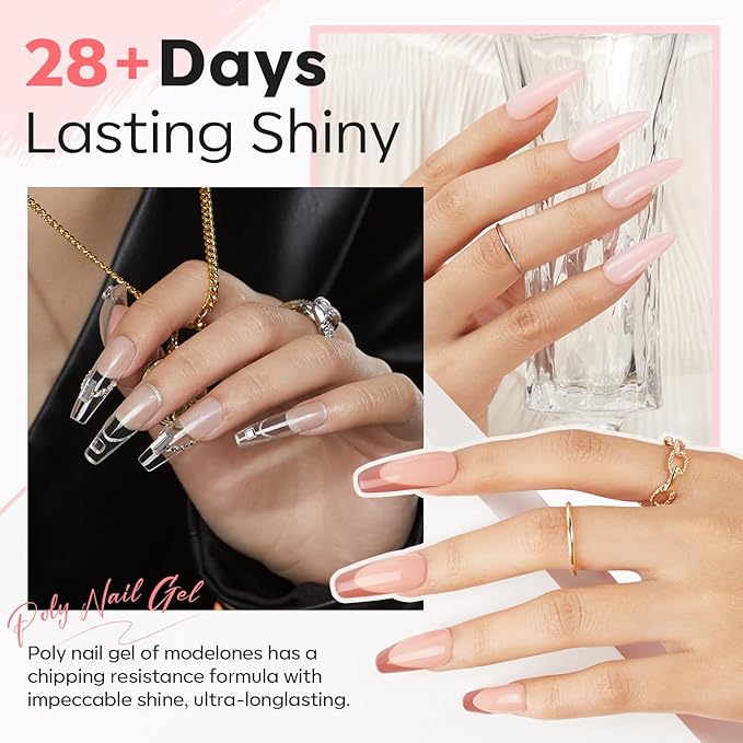 Modelones Poly Extension Gel Nail Kit, 6 Colors Pink Nude with 48W U V/LED Lamp Slip Solution 3D Bow Pearl Charms Decoration Rhinestone Glitter Tools for Manicure Beginner Starter Kit DIY at Home-Velvo Beauty