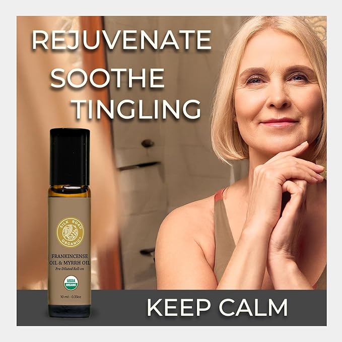 Silk Road Organic Frankincense Oil & Myrrh Essential Oil Roll On, 100% Pure USDA Certified Aromatherapy for Body Aches, Stiffness & Tingling, Stress Relief, & Skin - 10 ml Roller-Velvo Beauty