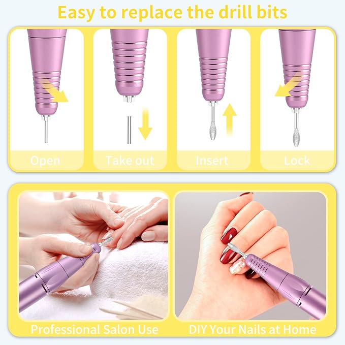 Portable Nail Drill Professional 35000 RPM, MOCOWIND Rechargeable Electric Nail File Machine for Acrylic Nails Gel Polishing, Cordless E-File with Bits Kit for Manicure Salon Home, Yellow & Purple-Velvo Beauty