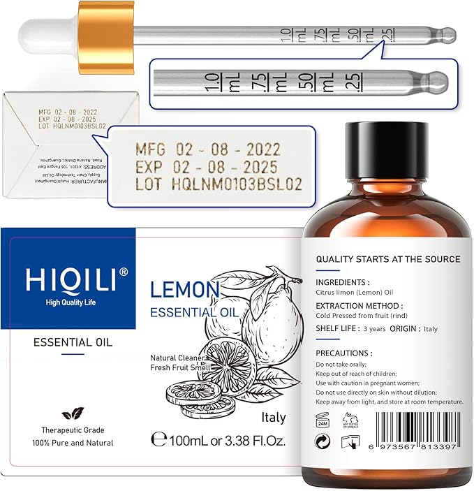 HIQILI Lemon Essential Oil, Household Cleaning, Air Purification, Skin Care, Can be Added to Cleansers, Sprays, Body Lotions Use - 3.38 Fl Oz/100ML-Velvo Beauty