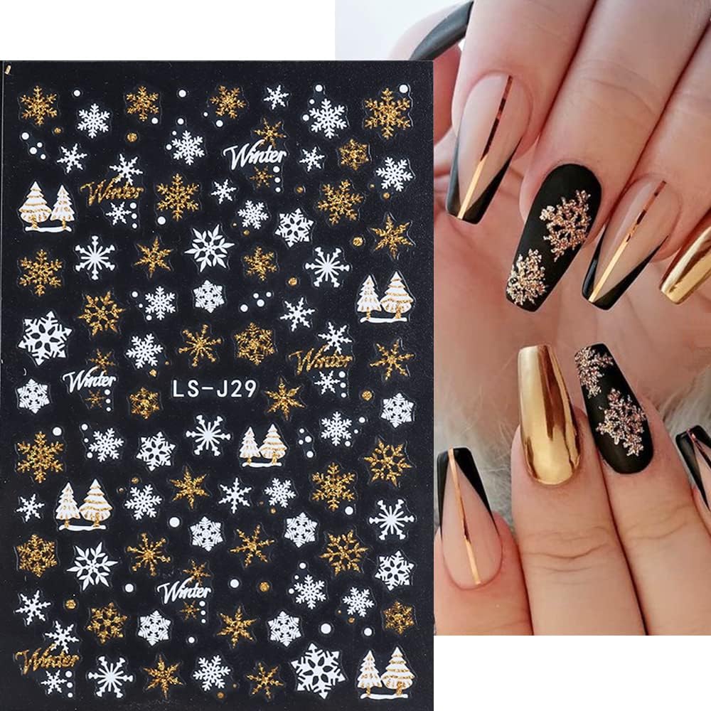 8 Sheets Christmas Glitter Nail Art Stickers Decals Self-Adhesive Pegatinas Uñas Holiday Gold Silver Reindeer Line Snowflake Nail Supplies Nail Art Design Decoration Accessories-Velvo Beauty