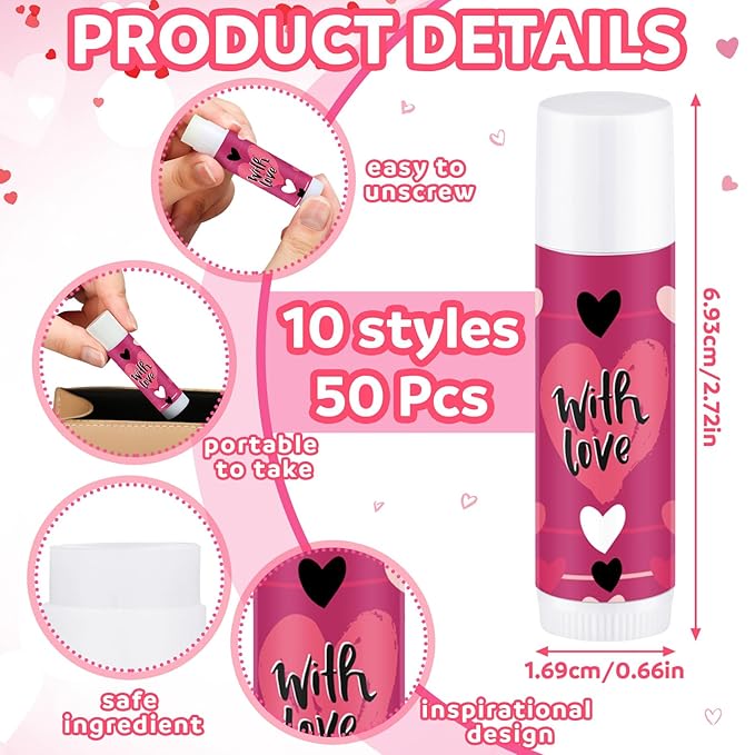 Dunzy 50 Pcs Thank You Gift Lip Balm Bulk Baby Shower Party Favors Bridal Shower Favor Lip Care with Assorted Fruit Flavors Thank You Lipstick for Guest Basket Gift Stuffer (Heart)-Velvo Beauty