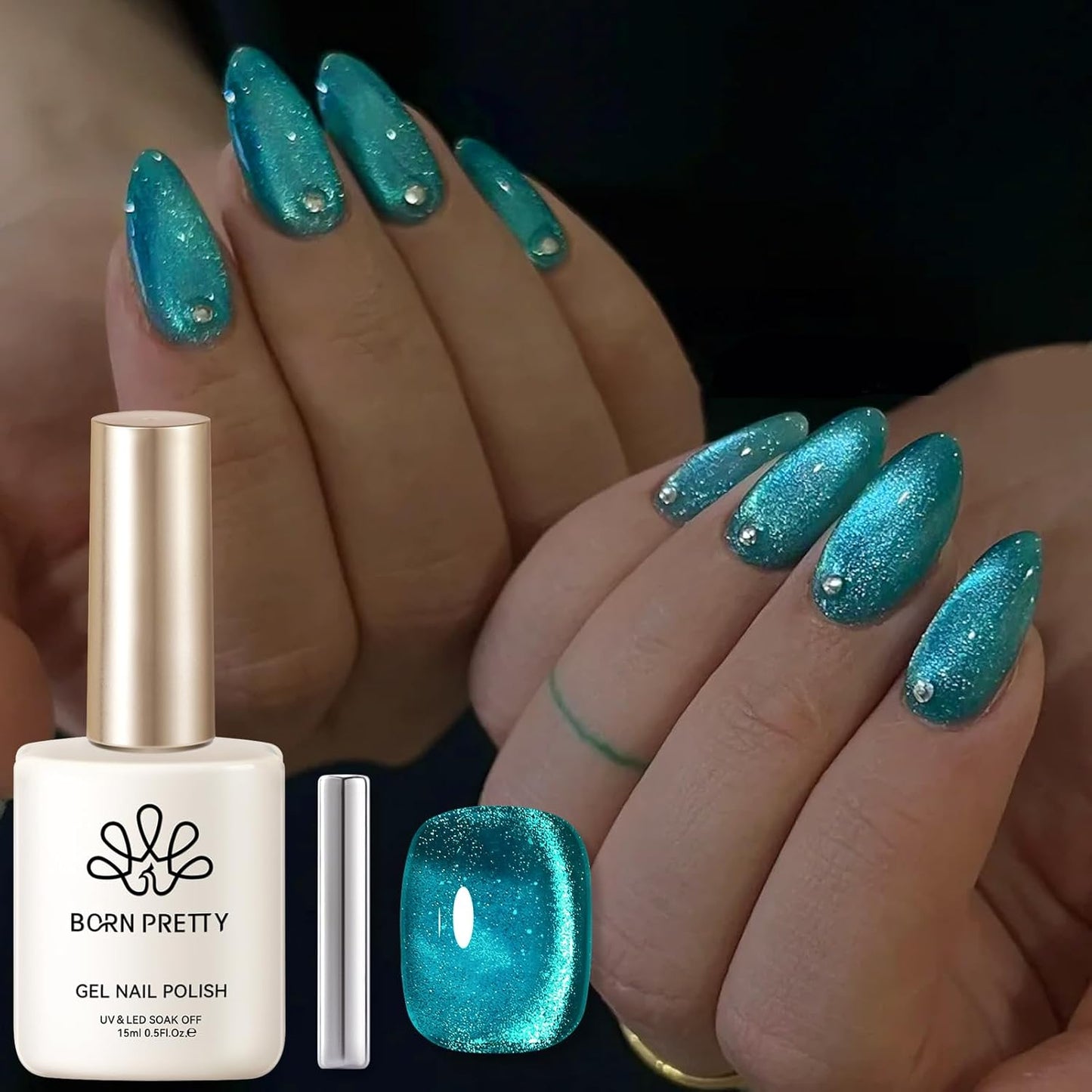 BORN PRETTY Cat Magnetic Eye Gel Nail Polish, Blue Melbourne Glitter Cat Magnetic Gel Nail Polish, Holographic Magnetic Nail Polish for Nail Art Manicure Salon DIY at Home 15ML-Velvo Beauty
