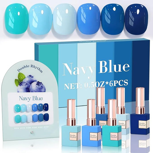 Double Rhythm 6 Pcs 15 ML Gel Polish Set Same Color Same Bottle Soak Off Gel Polish Kit Nail Art Manicure Salon DIY at Home for Women (Light Blue Dark Navy Teal-T6-14)-Velvo Beauty