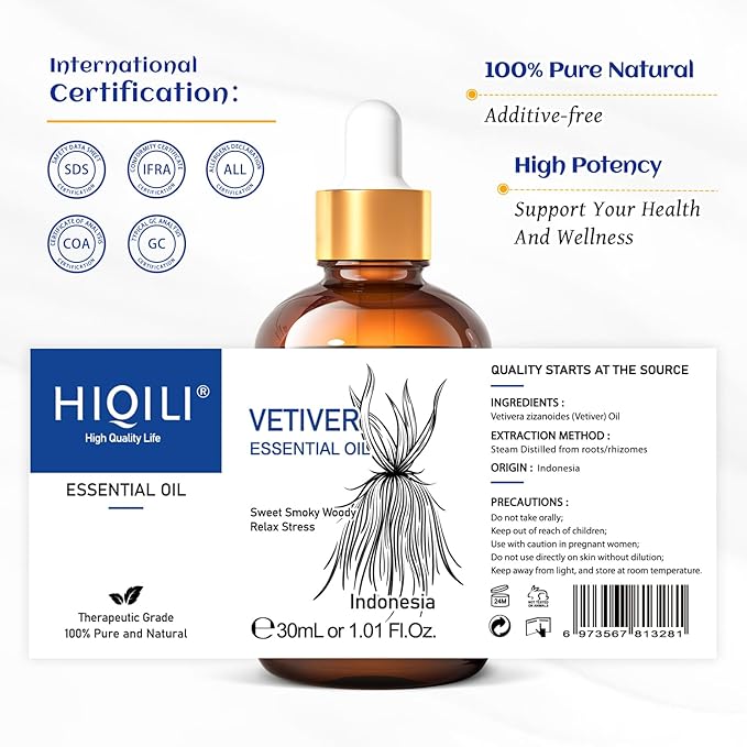 HIQILI 1 Fl Oz Vetiver Essential Oil, 100% Pure Natural for Skin, Candle Making - 30ml-Velvo Beauty