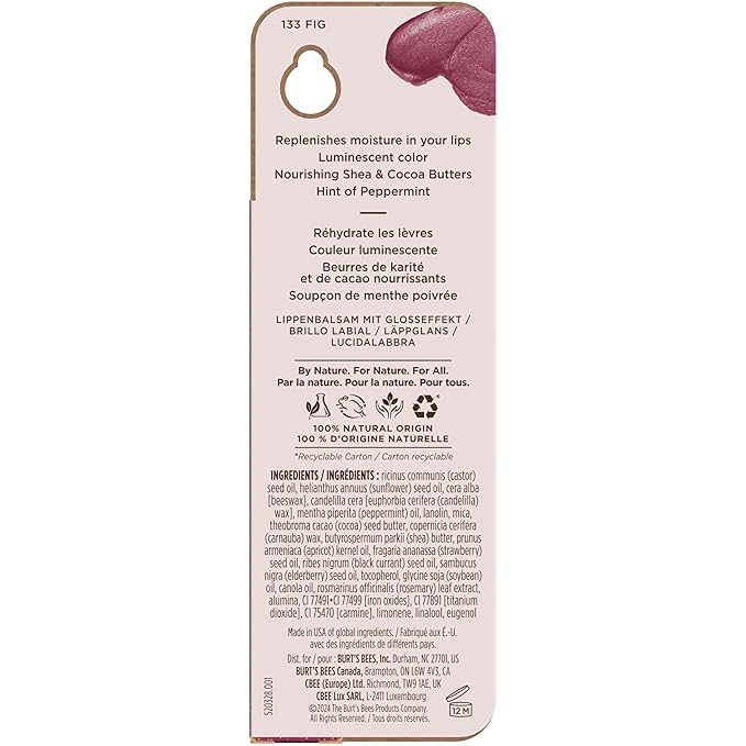 Burt's Bees Shimmer Lip Tint, Tinted Lip Balm Stick, Moisturizing for All Day Hydration with Natural Glowy Pigmented Finish & Buildable Color, Fig, 1 Tube, 0.09 oz.-Velvo Beauty