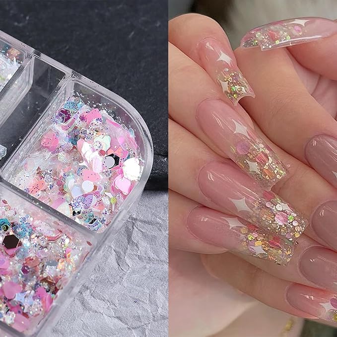 12 Grids Star Nail Art Glitter Sequins Heart Shaped Mermaid Nail Sequins Holographic Mermaid Nail Flakes Sticker Sequin Heart Nail Art Glitter for Women DIY Acrylic Nail Decoration-Velvo Beauty