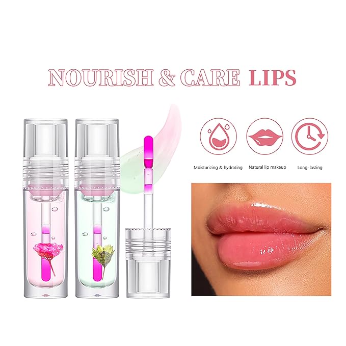 Flower Lip Oil, Hydrating Lip Glow Oil, Plumping Lip Oil, Non-Sticky Long Lasting Lip Oil Gloss, Transparent Lip Oil Tinted, Lip Plumper Gloss, Moisturize your lips and Reduce lip lines (01)-Velvo Beauty