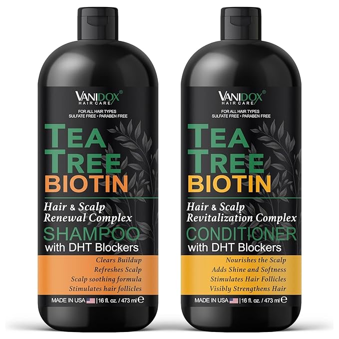 Tea Tree Oil Shampoo and Conditioner Set with Biotin, DHT Blockers, Itchy Scalp Relief, Supports Thicker-Looking Hair, Cleanses Dandruff & Buildup, For Men & Women, Made in USA, 16 fl oz Each-Velvo Beauty
