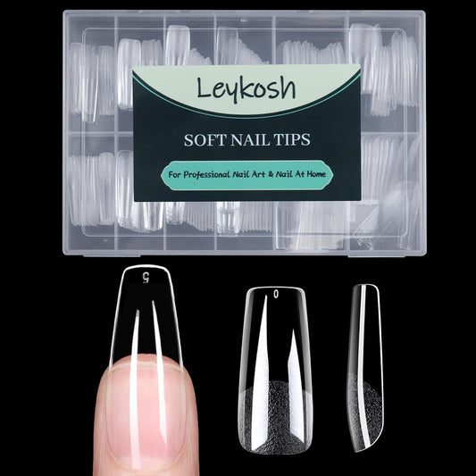 Long Square Nail Tips, 216pcs Acrylic Fake Nails Gel Nail Tips Soft, Full Cover Pre-Shaped Matte Clear Press on Nails for Extension, Diy at Home Manicure 10 Sizes-Velvo Beauty