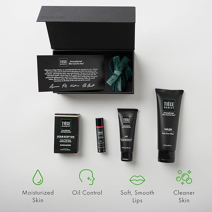 Tiege Hanley Mens Skin Care Gift Box Set, Bronze - Men's Skincare Set Includes Face Wash, Facial Moisturizer with SPF 20 Sunscreen, Body Exfoliating Scrub Bar, & Moisturizing Lip Balm-Velvo Beauty