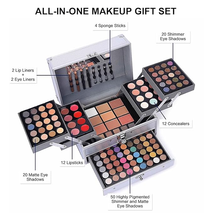132 Color All- In- One Makeup For Women Full Kit,Professional Makeup Kit,Makeup Gift Set for Women,Girls&Teens,Include eyeshadow/lipstick/concealer/Lip Gloss/Eyeliner/Mascara（006N2-Silver）-Velvo Beauty