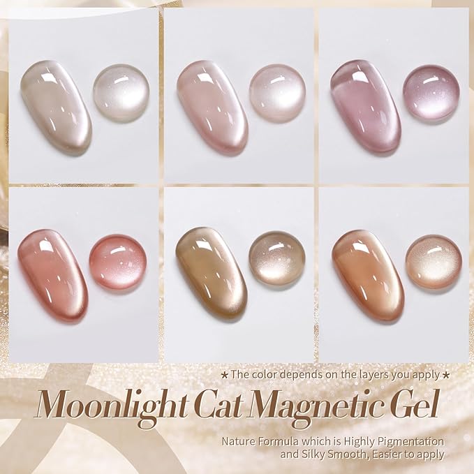 Born Pretty Cat Magnetic Eye Gel Nail Polish Cat Magnetic Shimmer Glitter Holographic Nail Polish Autumn Winter Moonlight Nude Brown Pink Purple 7ML 6PCS-Velvo Beauty