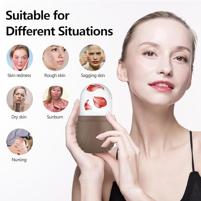 Ice Roller for Face and Eye, Silicone Ice Facial Roller Ice Holder, Face Ice Mold Skin Care, Face Icers Reusable Ice Cube Roller for Shrink Pores Anti Wrinkle Reduce Puffiness, Brown-Velvo Beauty