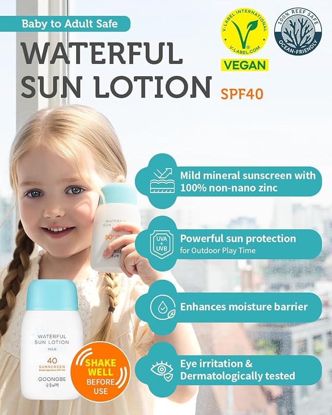 Baby Kids Waterful Sun Lotion SPF 40 & Mild Soothing Gel - Zinc Oxide Mineral Sunscreen & After Sun Relief - Korean Skincare for Sensitive Skin - Vegan Hypoallergenic, 2.82oz & 5.07oz-Velvo Beauty