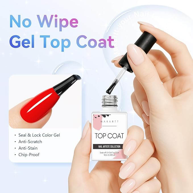Makartt Gel Top Coat - 2 PCS No Wipe Top Coat Gel Nail Polish High Glossy Shine Finish Long Lasting, 10ML Clear Soak Off UV Nail Lamp, Salon Quality Art Design for Home Use Beauty Gift-Velvo Beauty