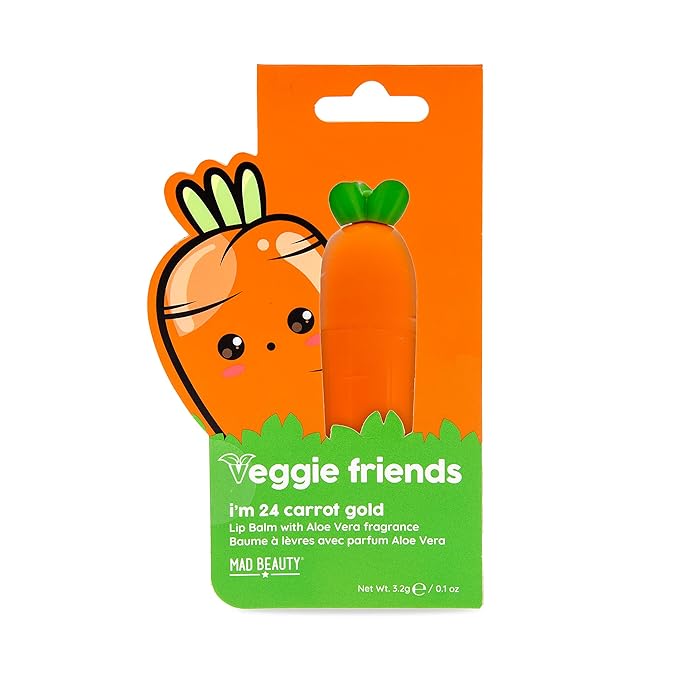 Mad Beauty Veggie Friends Carrot Lip Balm | Aloe Vera Scent | Cute and Moisturizing Lip Care | Cruelty-Free | Gift for Beauty Lovers-Velvo Beauty