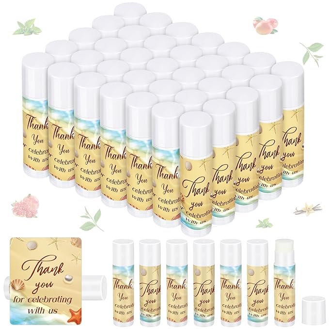 Dunzy 50 Pcs Thank You Gift Lip Balm Bulk Baby Shower Party Favors Bridal Shower Favor Lip Care with Assorted Fruit Flavors Thank You Lipstick for Guest Basket Gift Stuffer (Summer Beach)-Velvo Beauty