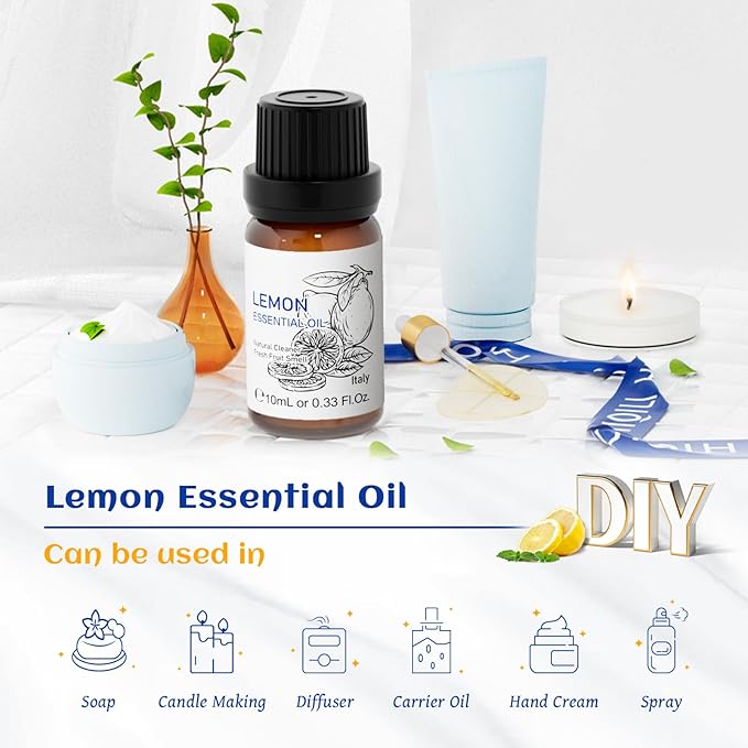 HIQILI Lemon Essential Oil, Household Cleaning, Air Purification, Skin Care, Can be Added to Cleansers, Sprays, Body Lotions Use - 0.33 Fl Oz/10ML-Velvo Beauty