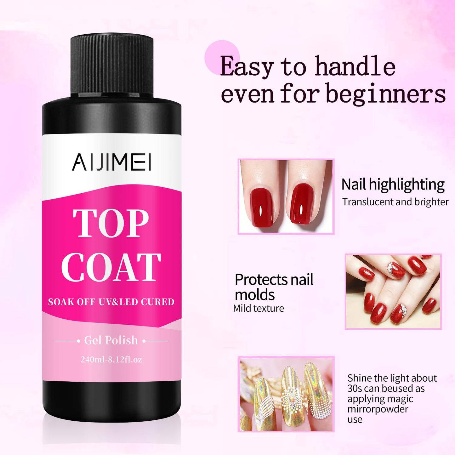 AIJIMEI Top Coat Nail Polish Premium 240ml Gel Top Coat – Long Lasting, Top Coat for Gel Nail Polish – Nail Art Topcoat for Salon-Grade Nails at Home 8 Fl Oz-Velvo Beauty