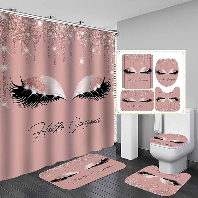 4PCS Hello Gorgeous Shower Curtain Set, Eyelash Makeup Glam Fashion Girly Pink Bathroom Decor for Women Girls, Waterproof Fabric Shower Curtain, Non-Slip Bath Mat Toilet Rug, Rose Gold Glitter-Velvo Beauty