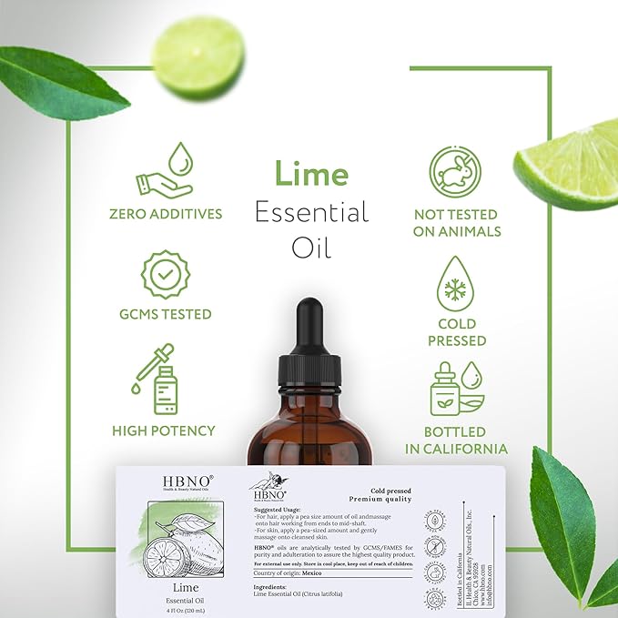 HBNO Lime Essential Oil - Huge 4 oz (120ml) Value Size - Natural Lime Oil, Cold Pressed - Perfect for Cleaning, Aromatherapy, DIY, Soap & Diffuser-Velvo Beauty