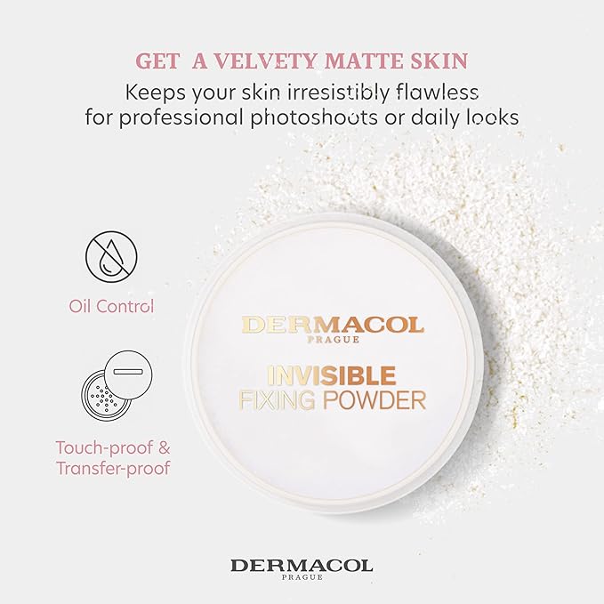 Dermacol - Invisible Fixing Face Powder, Touch-proof Translucent Setting Powder for Oily Skin & Other Skin Types, Loose Powder Makeup, Frangrance-Free Matte Powder with Powder Puff, White, 13.5 g-Velvo Beauty