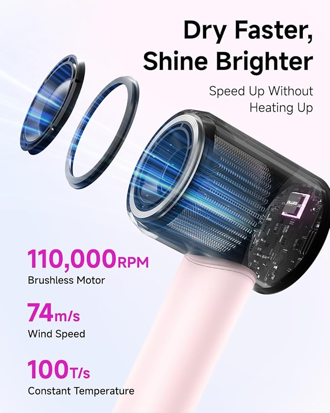 PLUZZ Ionic Hair Dryer with Diffuser, Professional High-Speed Blow Dryer for Women & Men, 110,000 RPM Brushless Motor Fast Drying & Low Noise, Thermo-Control, Lightweight & Compact for Home and Travel-Velvo Beauty
