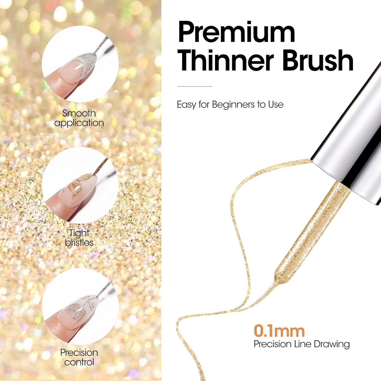 GELLEN Gold Silver Liner Gel Nail Polish, 2Pcs 10ml Soak off Uv Lamp Glitter Nail Art Polish Set with Built Thin Brush, Gel Art Paint for Sparkly Shiny Swirl Nails, Christmas Diy Gift for Women Girls-Velvo Beauty