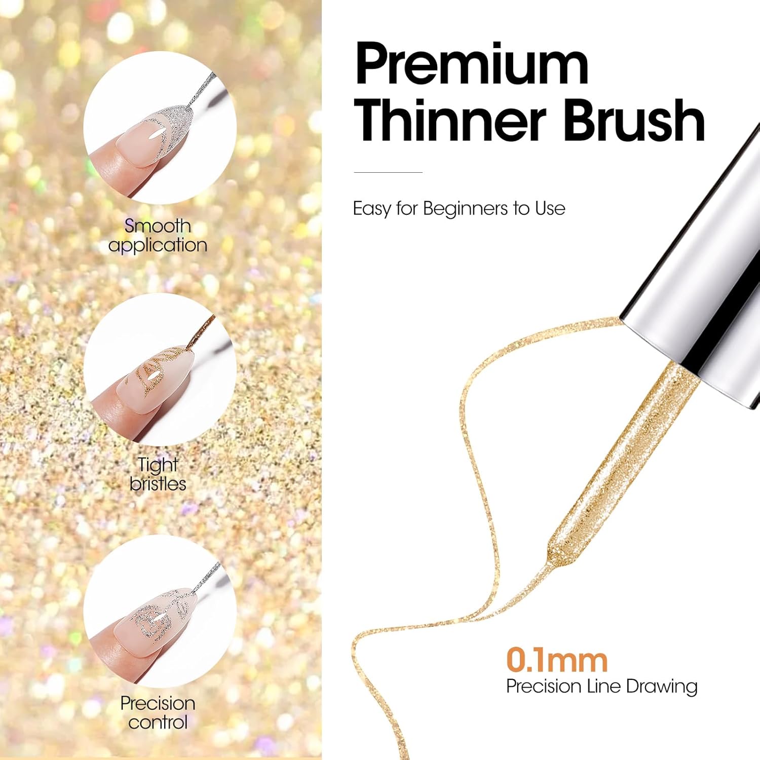 GELLEN Gold Silver Liner Gel Nail Polish, 2Pcs 10ml Soak off Uv Lamp Glitter Nail Art Polish Set with Built Thin Brush, Gel Art Paint for Sparkly Shiny Swirl Nails, Christmas Diy Gift for Women Girls-Velvo Beauty