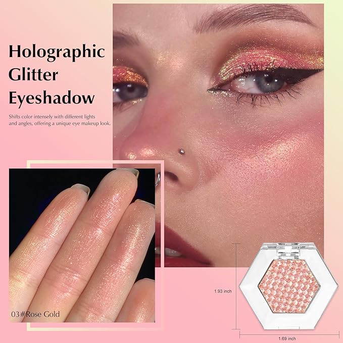 Rose Gold Glitter Eyeshadow Palette, Multichrome Chameleon Cream to Powder Eye Shadow, Color Shifting Holographic Eyeshadow Shimmer Inner Corner Eye Brightener Highlighter Makeup-Velvo Beauty