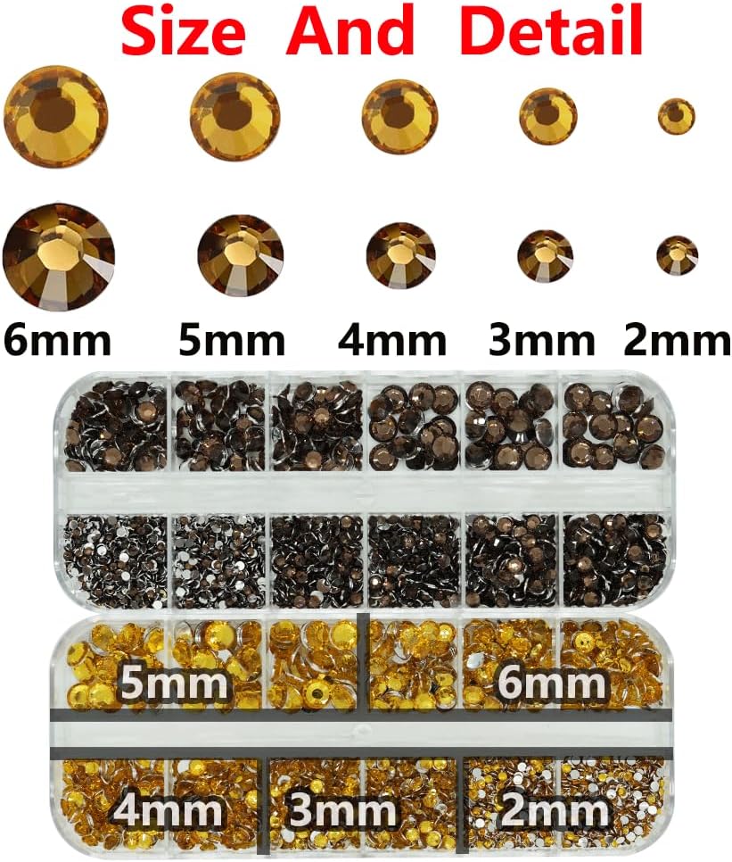 Gold and Brown Rhinestones with Glue(S8-S30) for Bedazzling, 2mm-6mm Non-Hotfix Flatback Nail Gems Beads with B7000, Resin Nail GemsStones Diamond Kit for Bedazzle Crafting, Nails DIY Art Decoration-Velvo Beauty