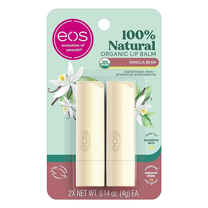 eos 100% Natural & Organic Lip Balm Sticks- Vanilla Bean, All-Day Moisture, Dermatologist Recommended, 0.14 oz, 2-Pack-Velvo Beauty
