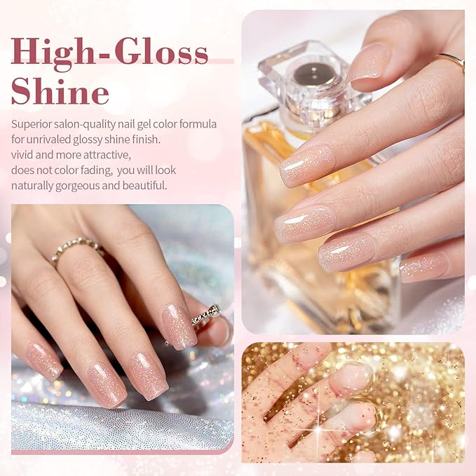 RARJSM Glitter Gel Nail Polish Nude Gel Polish 6pcs Set Shimmery Jelly Nail Gel Polish Iridescent Sparkly Pale Pink Purple Apricot Beige Translucent Natural Skin Tone Color 7.5ml Soak off UV LED Cured-Velvo Beauty