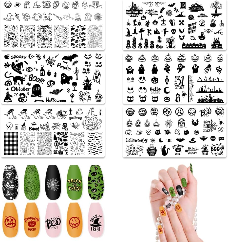ALIBBON 6 Pcs Halloween Nail Stamping Plates Set, Spider Web Pumpkin Background Nail Art Stamp Templates, Bat Ghost Stamp Templates Kit, Castle Grave Metal Nail Plates for DIY Printing Decor-Velvo Beauty