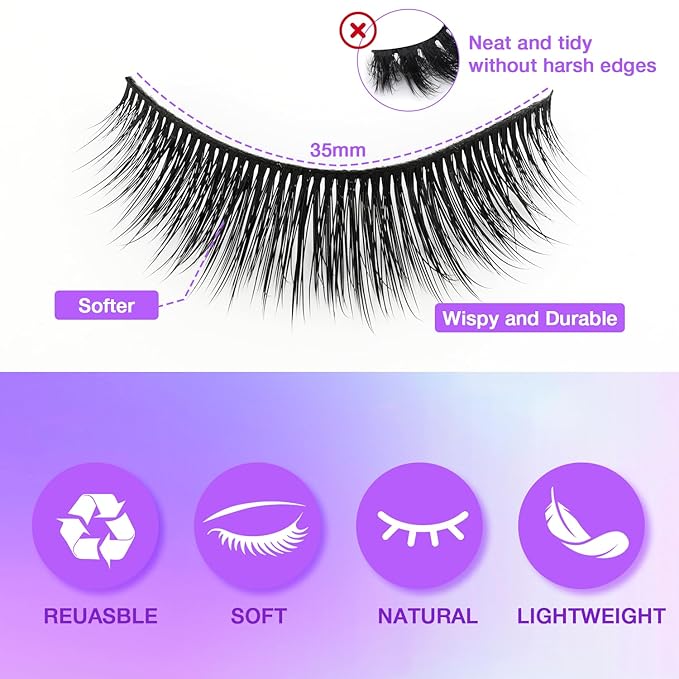 Wispy False Eyelashes Kit With Bond, Seal and Tweezer, 7 Pairs Natural Look Fake Cat Eye Lashes Strips Thin Band Extensions Waterproof Easy Eyelashes for Beginners RQ11-Velvo Beauty