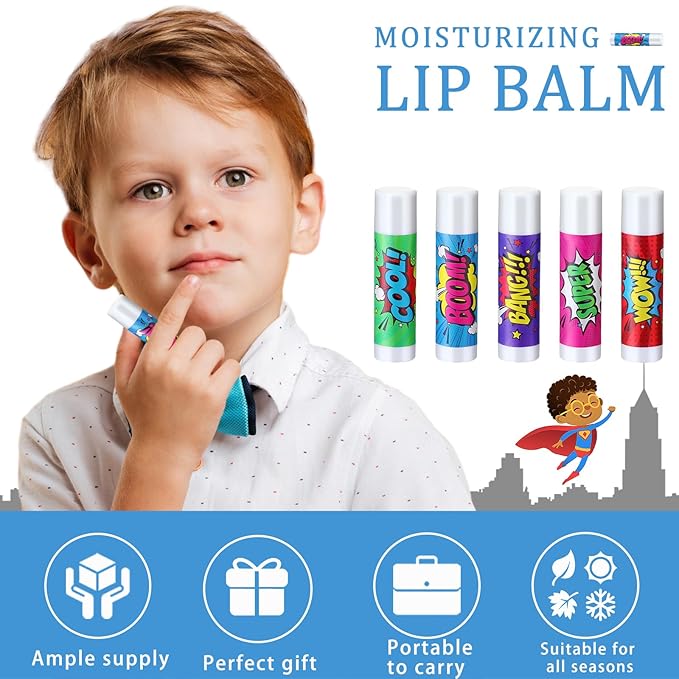 100 Pcs Hero Party Favors Lip Balms Bulk for Kids Birthday Party Moisturizing Lip Balm for Hero Themed Celebration Gifts Lip Care Products for Classroom Rewards Favor Party Supplies-Velvo Beauty