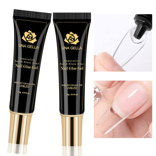UNA GELLA Soft Gel Nail Tips Glue | 2pcs | Solid State Soak Off Super Strong Glue for Acrylic Nails Curing Needed For Nail Extensions Press On Nails 15ml*2 for Gel Jelly Tips-Velvo Beauty