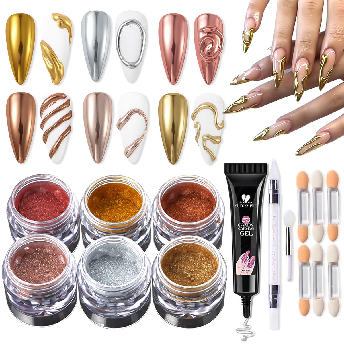 Chrome Nail Powder Metallic Gold And Silver, Magic Mirror Effect Pigment Glitter Rubbing Dust, 3D Carving Nail Molding Gel & Holographic Dip Nail Powder Kit for Nail Decor Home Manicure DIY-Velvo Beauty