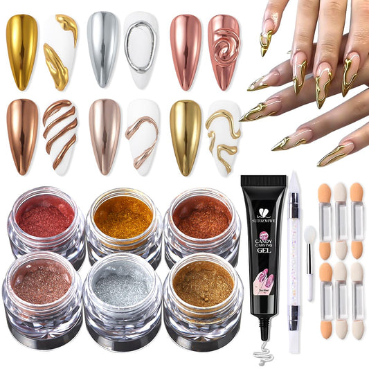 Chrome Nail Powder Metallic Gold And Silver, Magic Mirror Effect Pigment Glitter Rubbing Dust, 3D Carving Nail Molding Gel & Holographic Dip Nail Powder Kit for Nail Decor Home Manicure DIY-Velvo Beauty