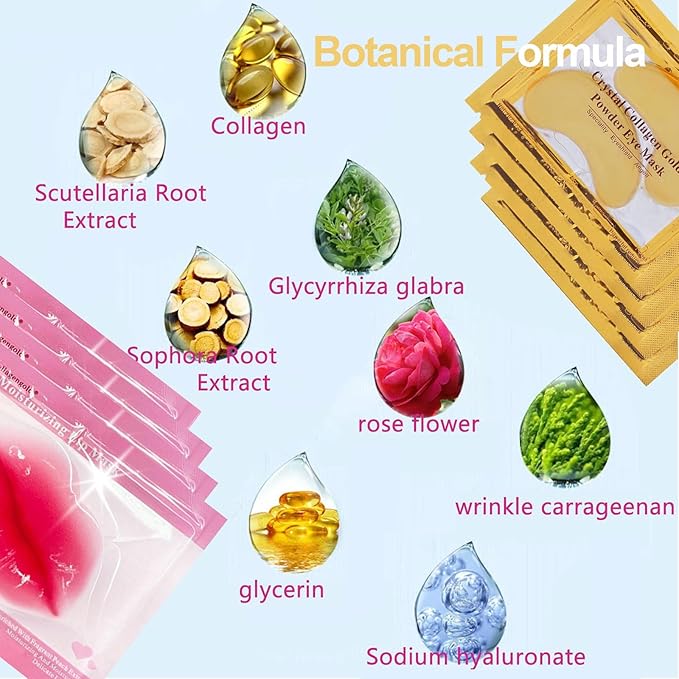 30 Pairs Lip Masks & 24K Gold Gel Eye Masks, Under Eye Collagen Patches and Crystal Gel Lip Masks Collagen Under Eye Mask for Dark Circles Puffiness and Wrinkles-Velvo Beauty