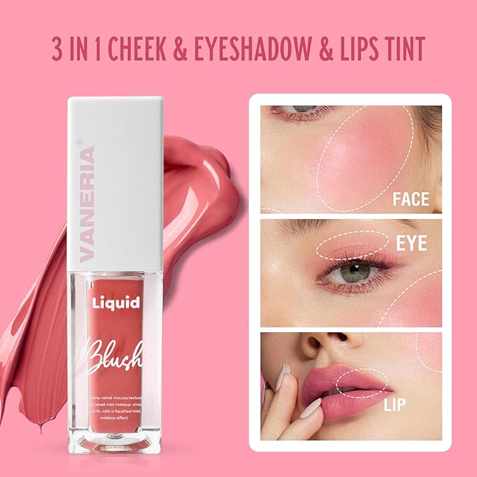 VANERIA Liquid Blush for Cheeks,Long lasting High Pigment Creme Blush,Multi-Use Makeup Blush Stick for Cheeks Lips Eyes,Natural Look Makeup Face Blushes.#3 (5g/0.17oz)-Velvo Beauty