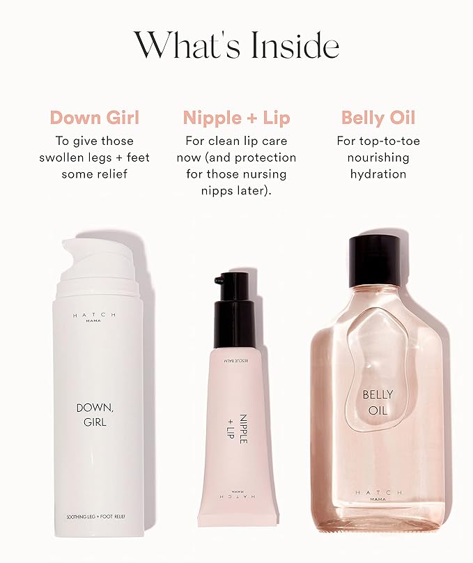 HATCH Mama Must Haves Kit - Belly Oil, Nipple + Lip Rescue Balm, and Down Girl Soothing Leg + Foot Relief - 3 Piece Set - Maternity Essentials-Velvo Beauty