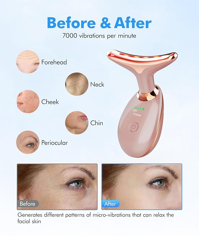 Red Light Therapy for Face and Neck, 7 Color Face Massager Tool for Wrinkles, Double Chin, Vibrating Facial Massager with Thermals for Skin Care, Rose Gold-Velvo Beauty