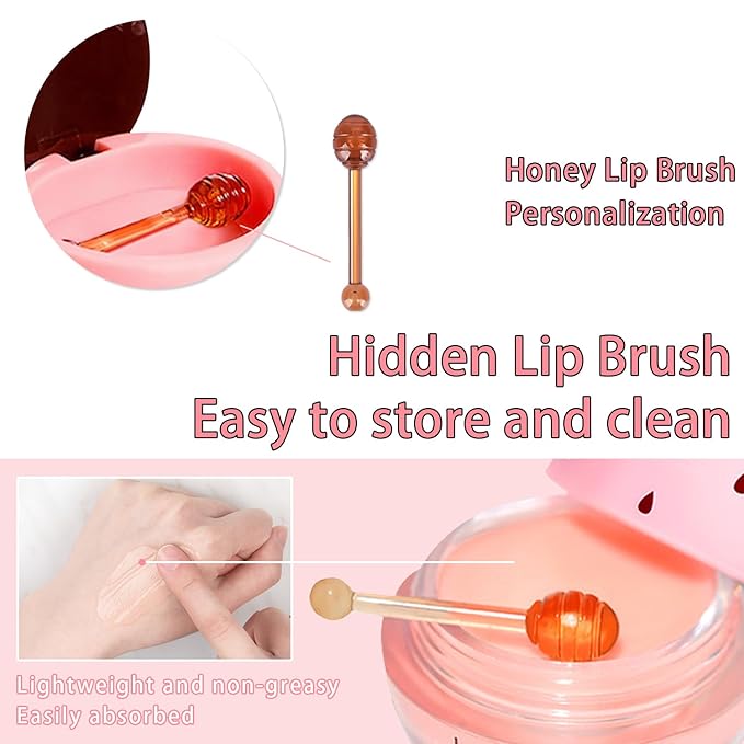 3 Pcs Bee Lip Balm Honey Pot, Honey Strawberry Watermelon Lip Mask Overnight, Moisturizing Sleeping Lip Mask, Hydrate Repair Prevent Dry Cracked Lip Care (Honey+Strawberry+Watermelon)-Velvo Beauty